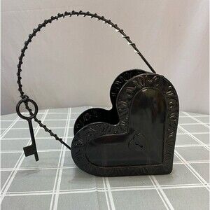 Metal Heart Wall Pocket Planter with Key & Lock Accent Dark Bronze - Black Decor
